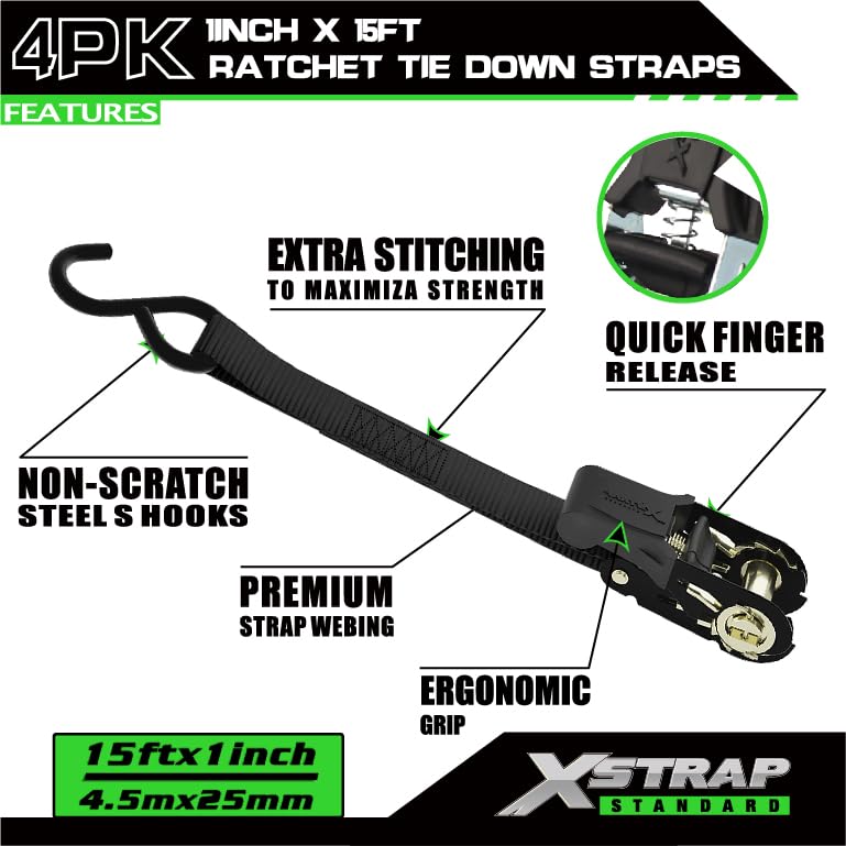 XSTRAP STANDARD أحزمة ربط XSTRAP STANDARD - 4 حزمة - 1'' x 15 قدم - سعة تحميل 630 رطل، قوة كسر 1890 رطل، أحزمة شحن لنقل البضائع، الأجهزة، معدات الحديقة، الدراجات النارية (أسود) - Image 4